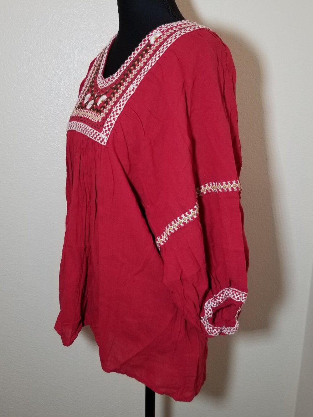 Max Studio Womens Small Red Embroidered Blouse Peasant Boho Hippie Earthy Gypsy - Picture 4 of 9
